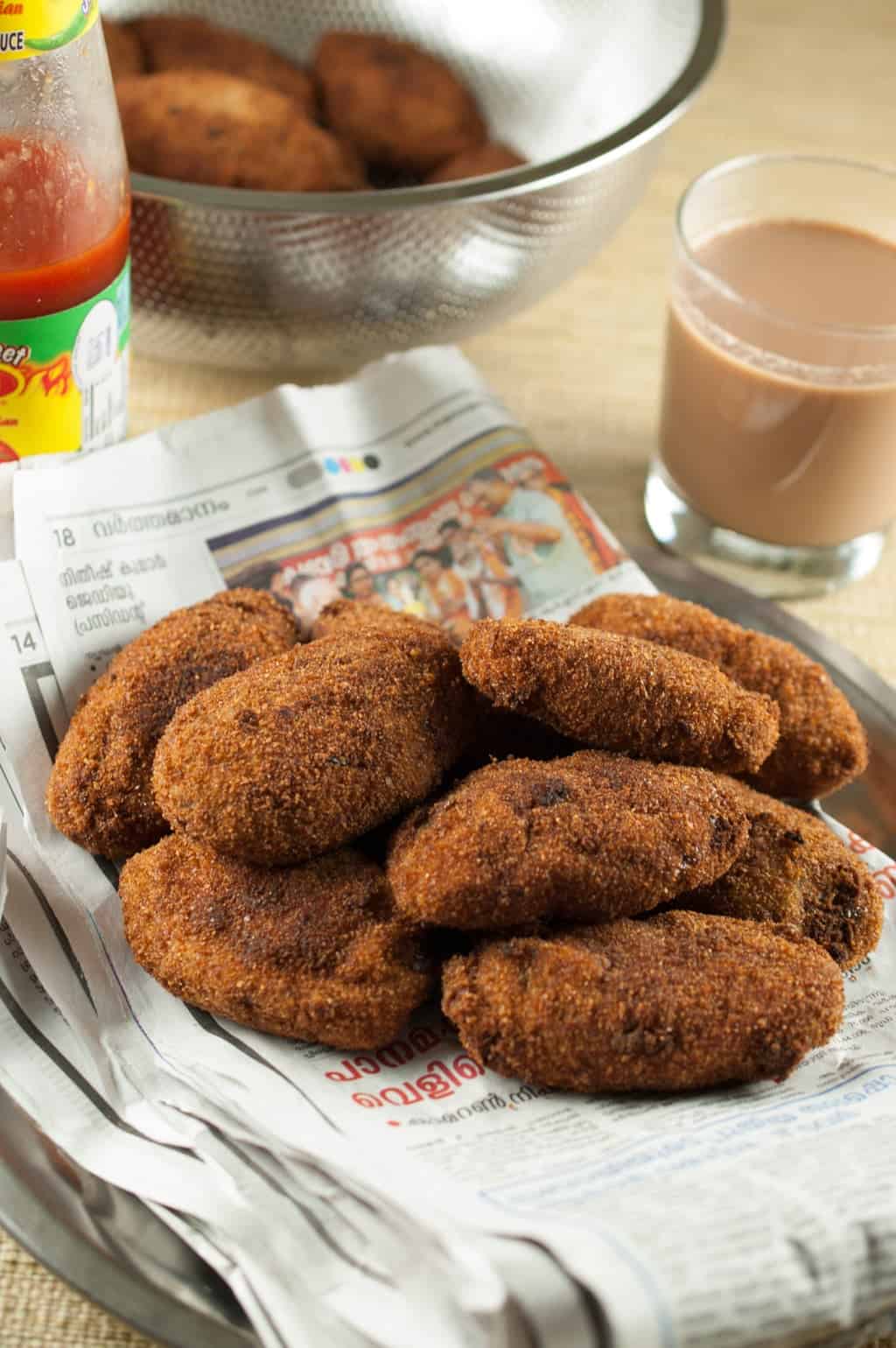 Kerala Beef Cutlet served along with ketchup and tea.