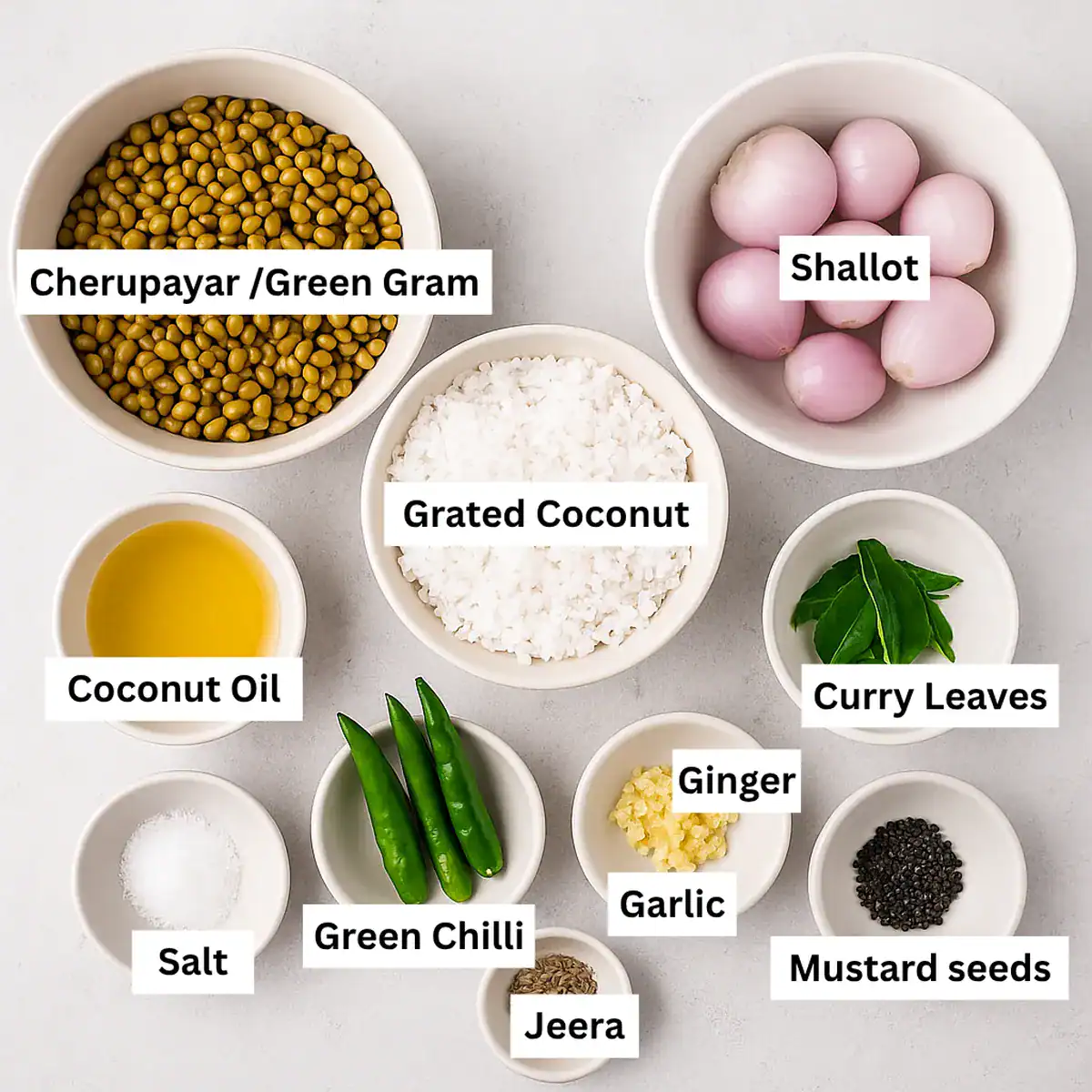 Ingredients for Cherupayar Thoran in bowls, showing green gram, coconut, shallots, green chili, curry leaves, spices, and jeera.