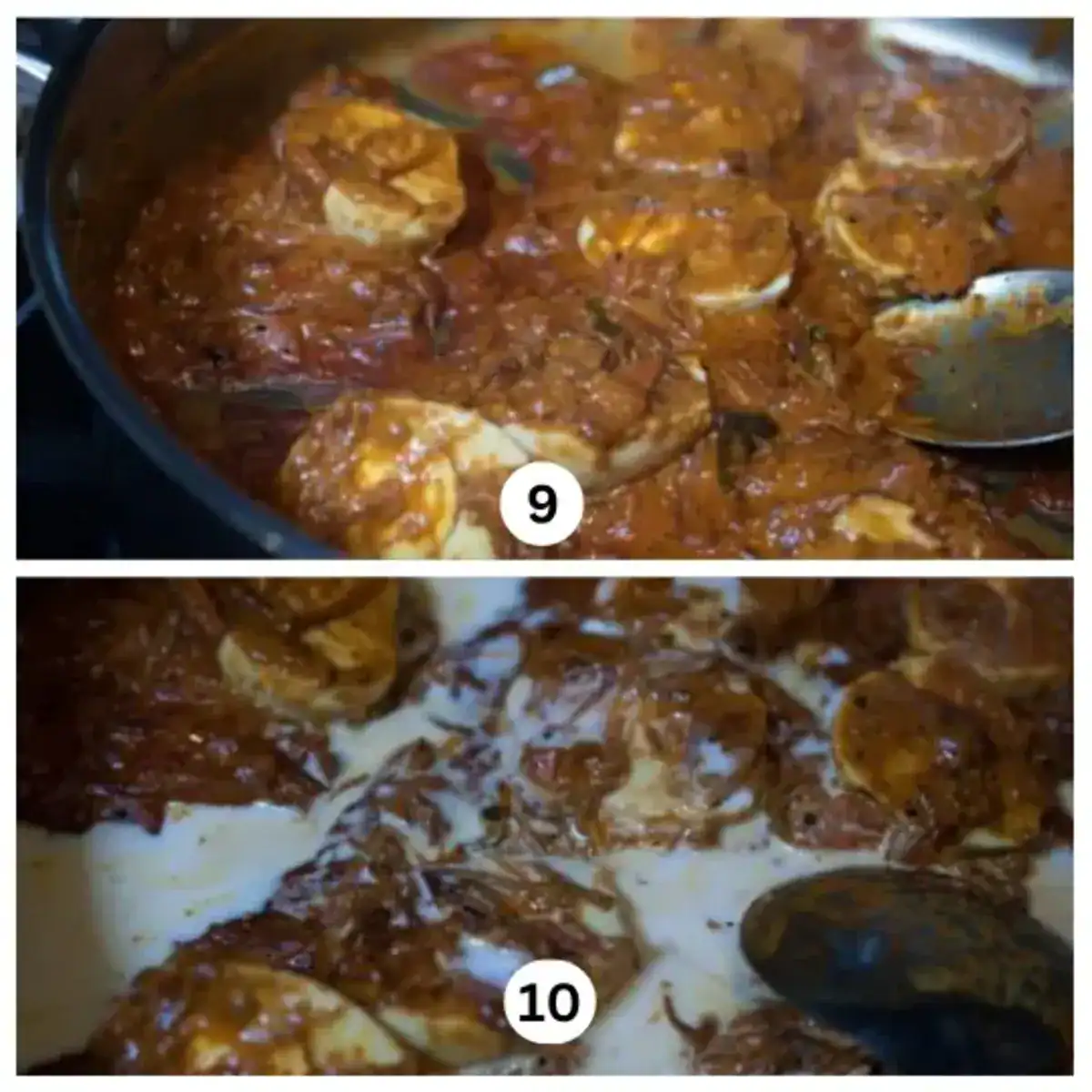 Collage of final Kerala egg curry steps: eggs simmering in thick masala and thick coconut milk added before final mix and simmer.