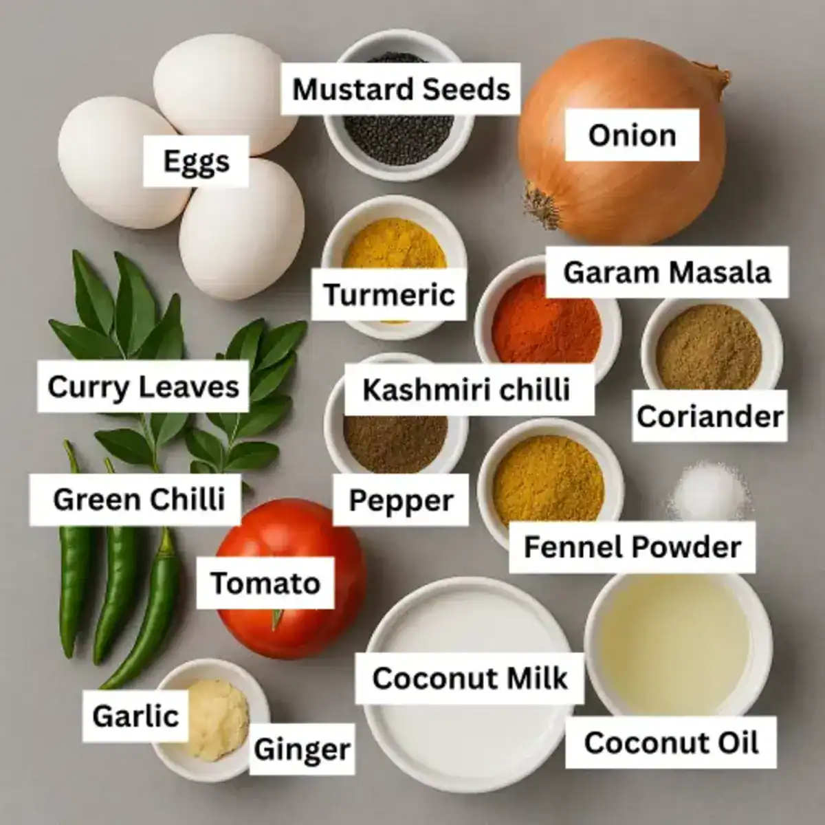Ingredients for Kerala style egg curry with coconut milk on a gray background, including eggs, spices, herbs, onion, and tomato.