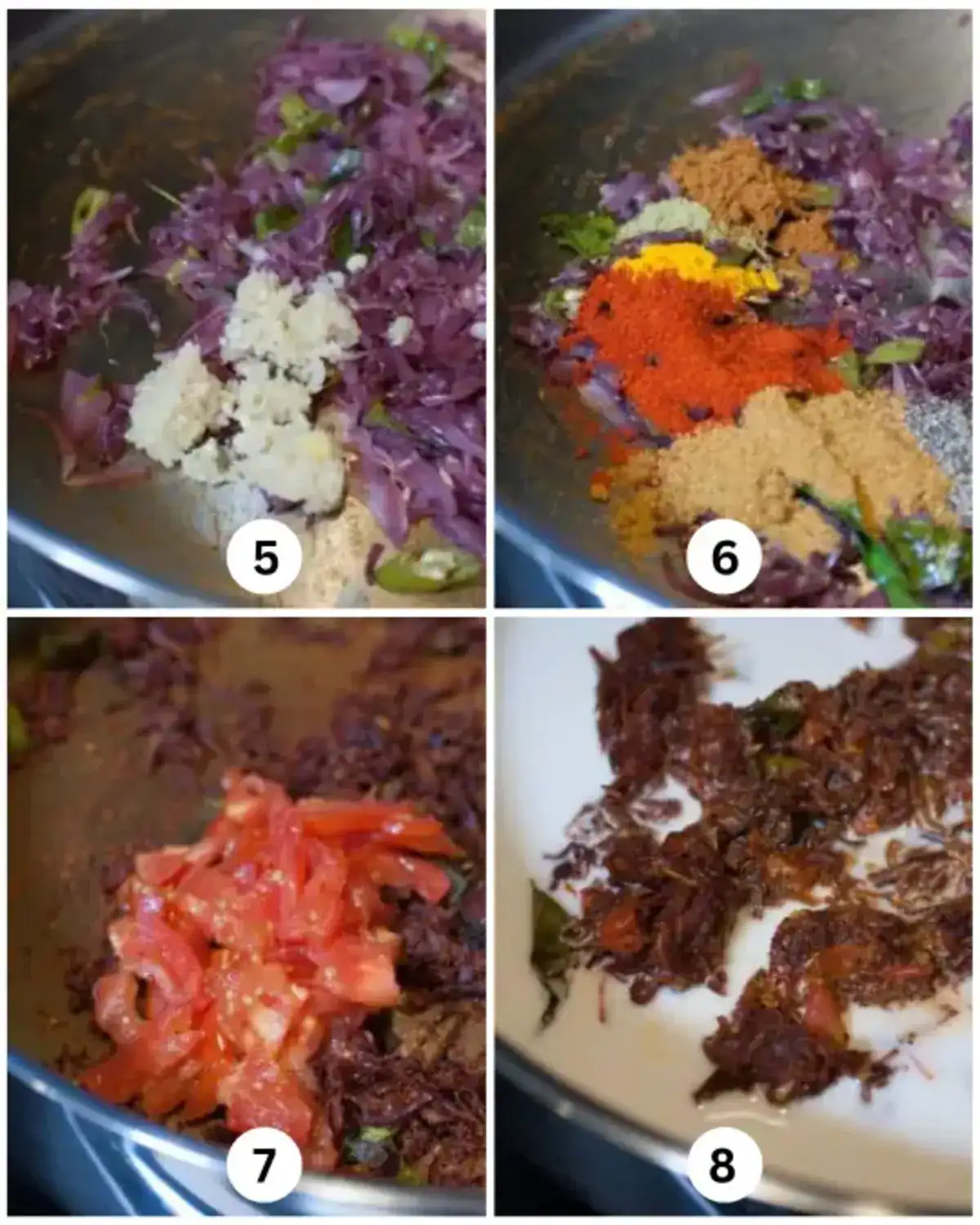 College of Nadan Mutta Curry Cooking Steps: adding ginger-garlic, spice powders, tomato, and mixing roasted masala with thin coconut milk.