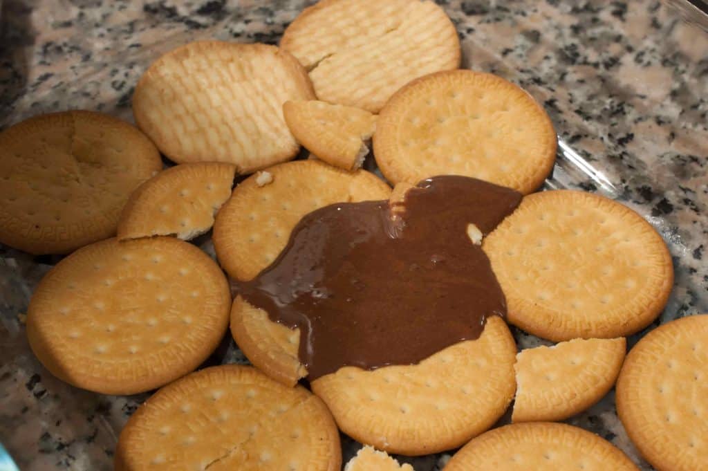 No Bake Eggless Chocolate Marie Biscuit CondensedMilk Pudding A