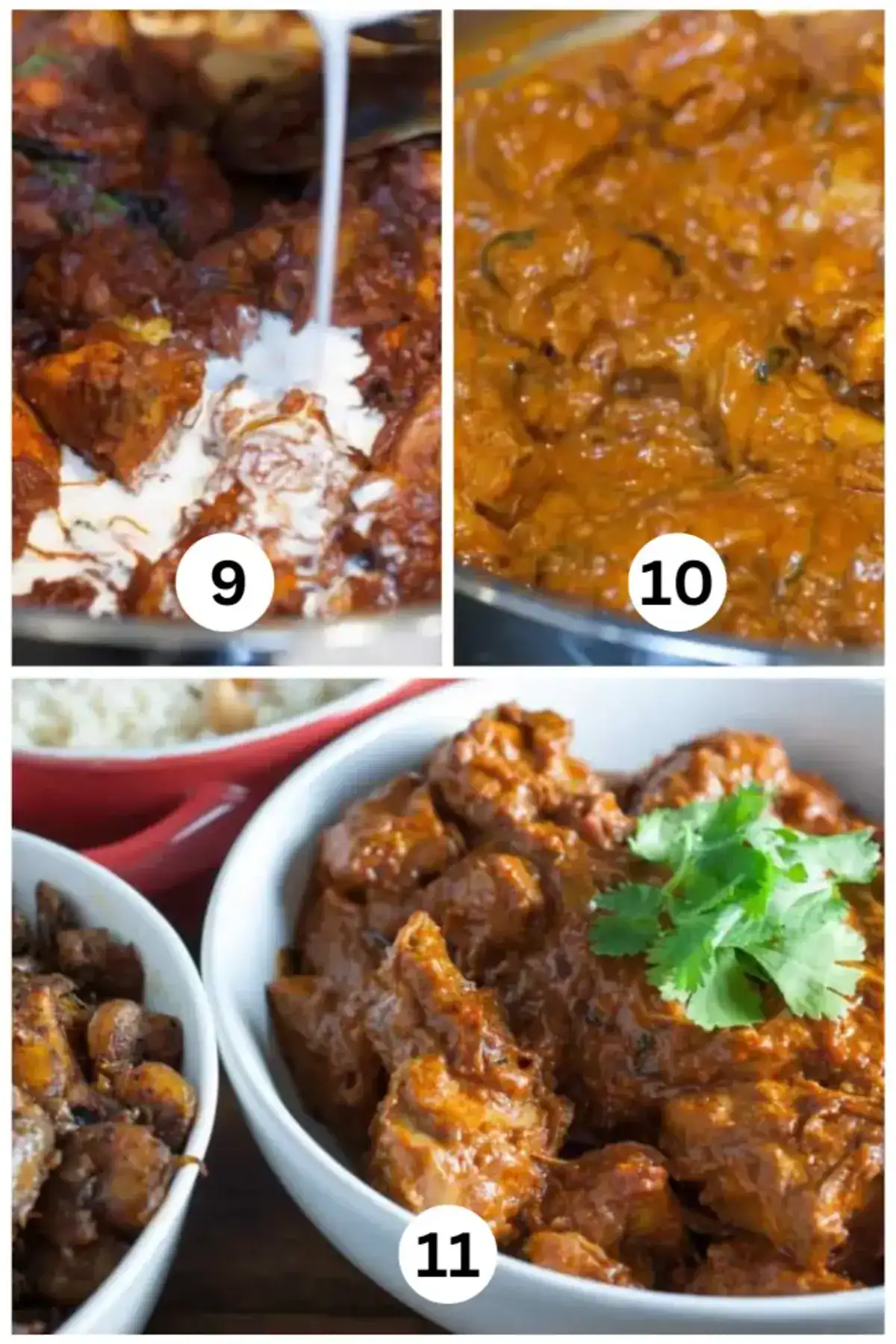 Final steps of nadan chicken curry with coconut milk, including adding coconut milk, simmering, and serving in a white bowl.