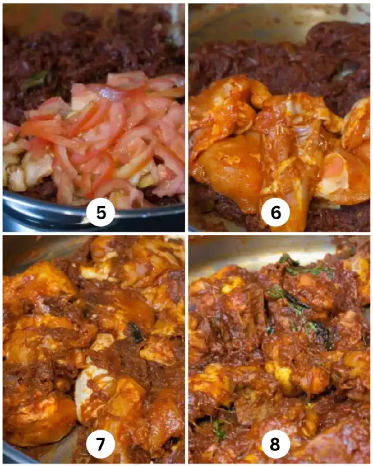 Cooking steps showing tomato added to masala, chicken mixed in, and gravy thickening in Thengha Paal Kozhi Curry.