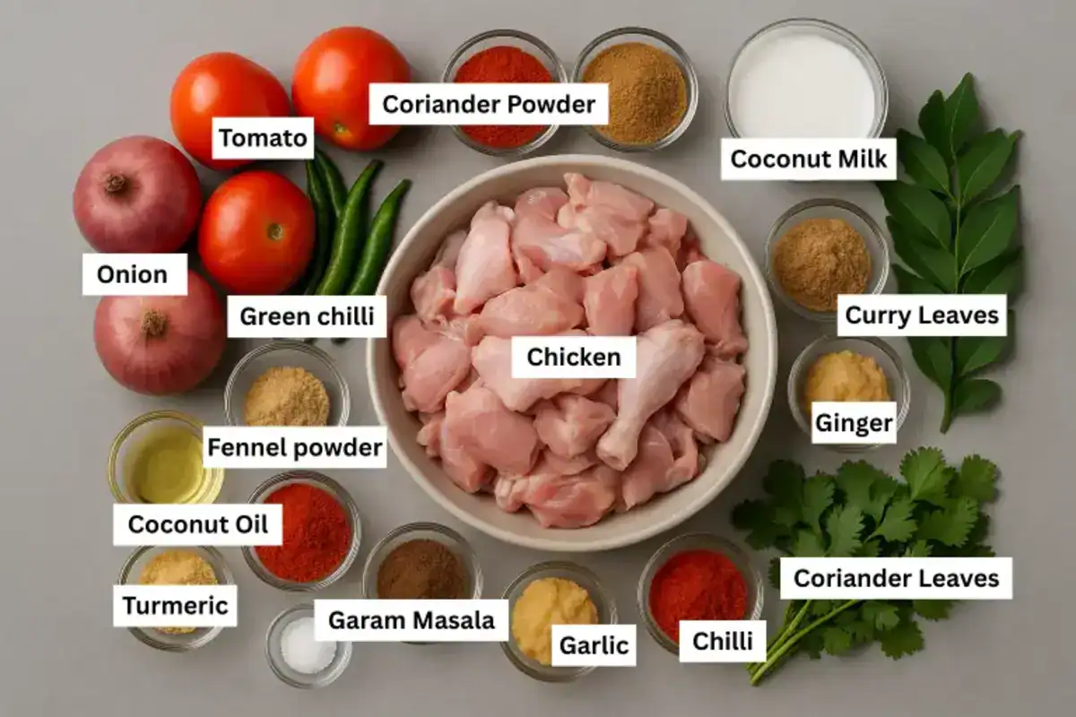 Ingredients for Kerala style chicken curry with coconut milk arranged on a gray background including chicken, spices, and herbs.