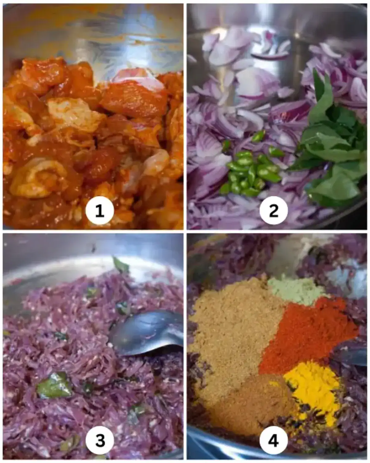 Step-by-step collage showing marinated chicken, sliced onions with green chilli and curry leaves, sautéed onions, and added spice powders.