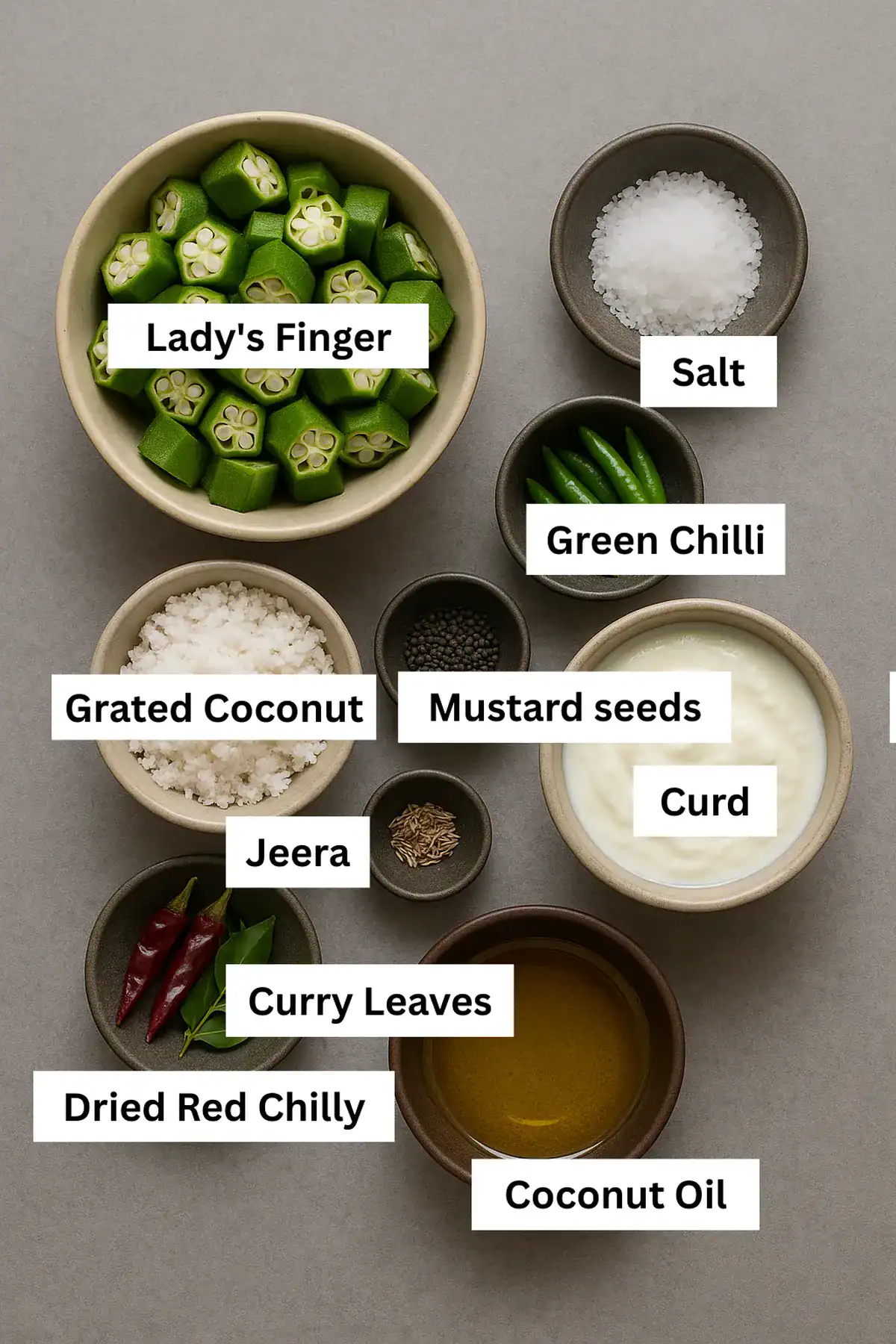 Ingredients for Vendakka Kichadi in bowls on a gray background: okra, curd, coconut, green chilli, jeera, mustard, red chilli, curry leaves, salt, coconut oil.