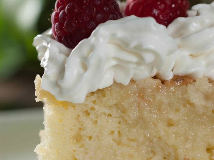 Tres Leches cake, otherwise called as Three Milk Cake. Sweet and moist two layer cake with vanilla sponge cake base completely soaked in three kinds of milk, topped with whipped cream.