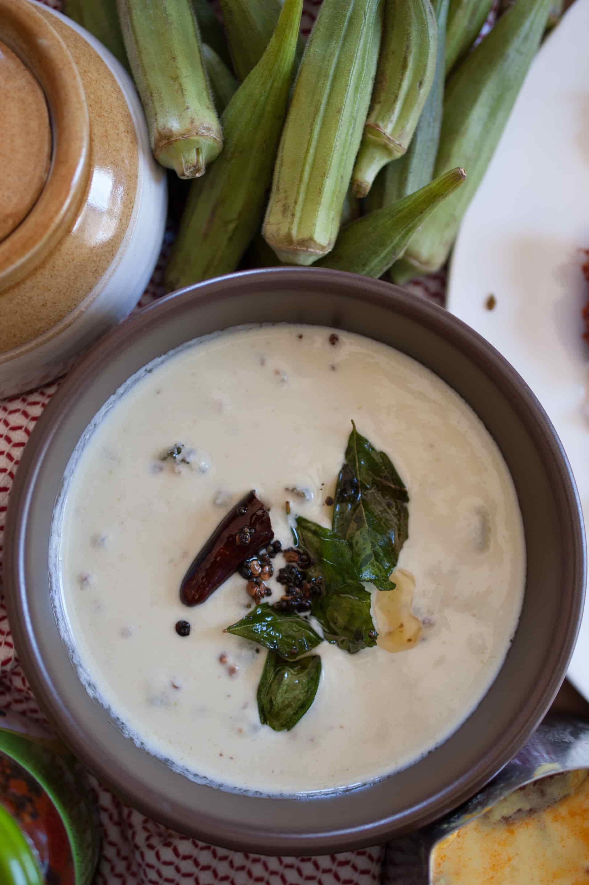 Lady’s finger/Okra/Bhindi fried and cooked in spicy coconut and yogurt based gravy. It’s an easy to prepare and a yummy side dish which goes well with rice