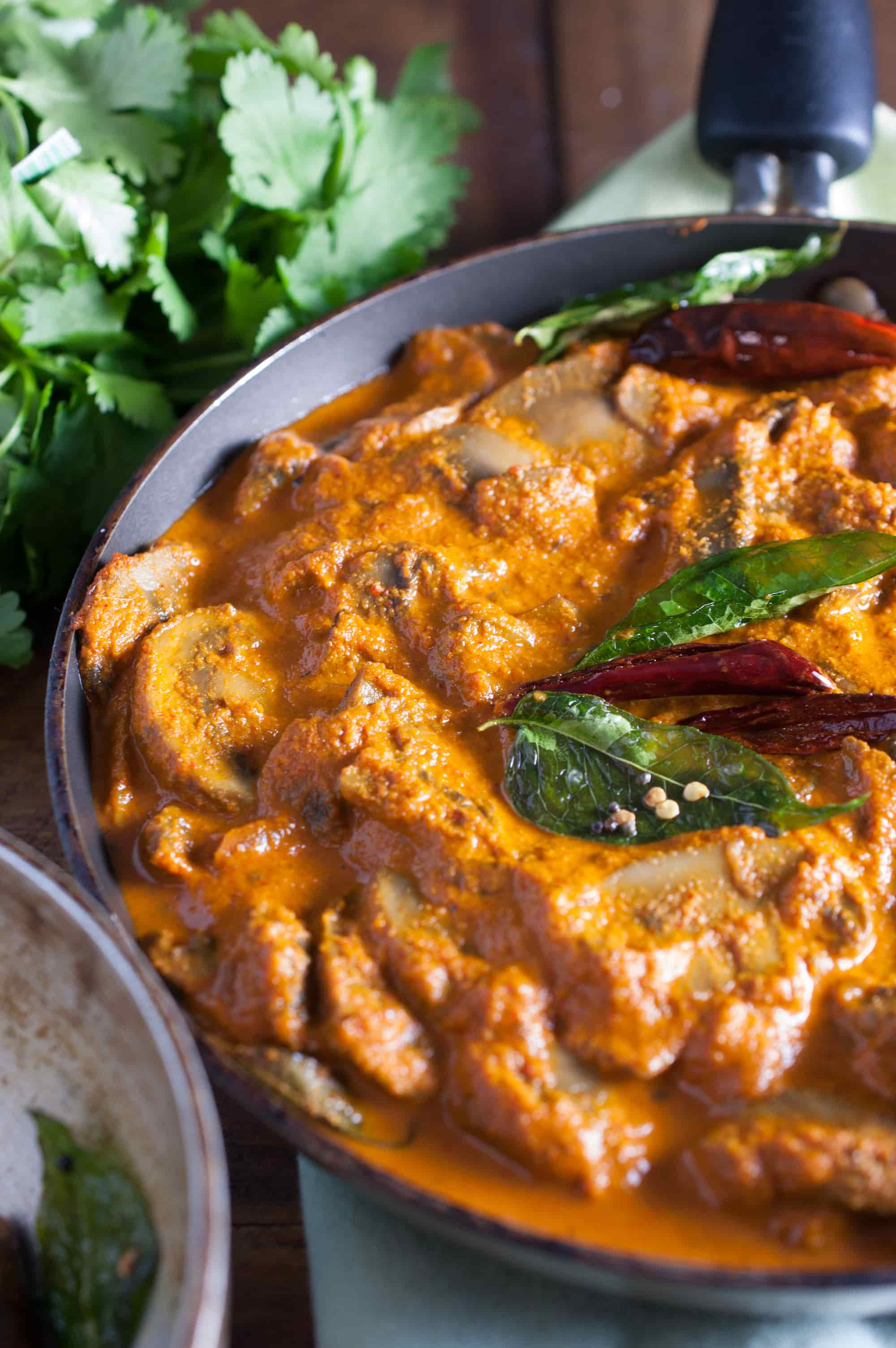 Mushroom cooked in spicy coconut gravy. An improvised version of Kerala theeyal preparation with mushrooms. This quick, delicious curry goes well with rice, chapati, and any Indian breads.