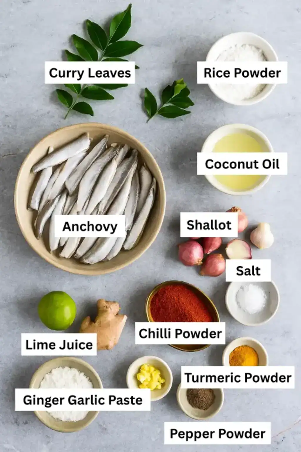 Cleaned anchovies, spices, curry leaves, shallots, and coconut oil arranged on a gray top for Kerala-style anchovy fry.