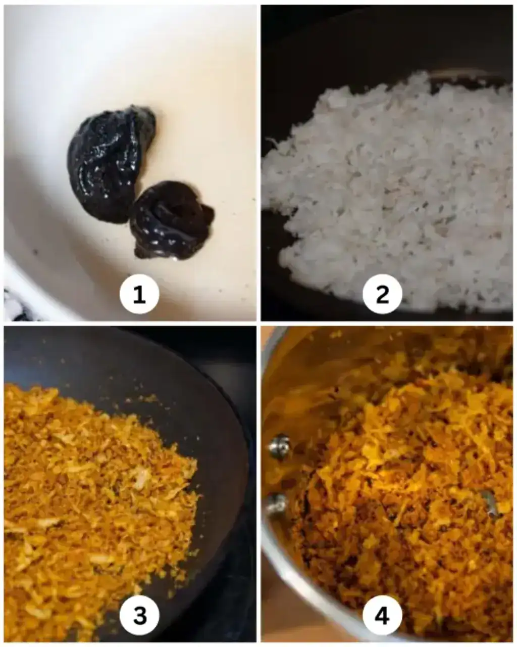 Step-by-step of Kerala-style prawns curry showing kudampuli soaking, coconut roasting, and mixing with spice powders.