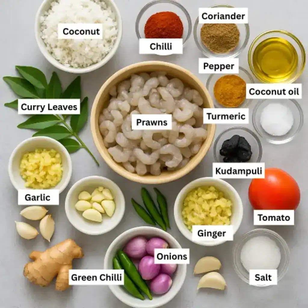 Ingredients for Chemmeen Varutharacha Curry on a gray background with prawns, coconut, spices, kudampuli, and herbs.