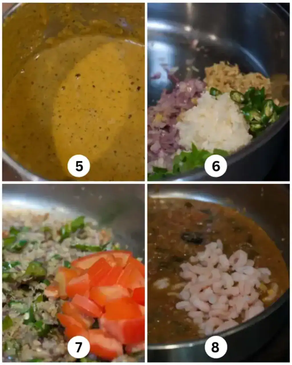Cooking process of Chemmeen Varutharacha Curry with ground coconut masala, sautéed base, tomato, and prawns added.