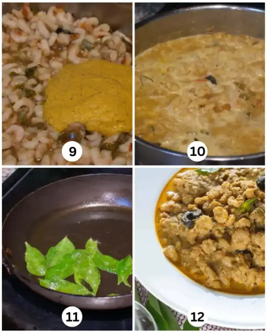 Final steps of Kerala-style prawns curry with coconut paste, curry boiling, curry leaves tempered, and dish ready to serve.