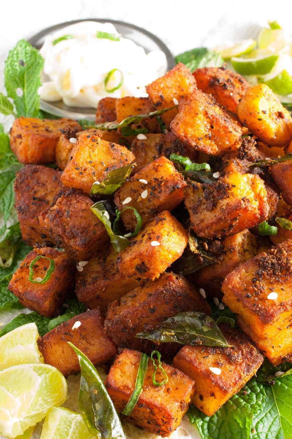 Indian cottage cheese / Paneer shallow fried with ginger-garlic, spices, and curry leaves. This paneer fry is an easy and yummy appetizer for any occasions.