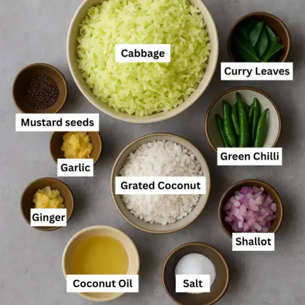 Chopped cabbage, grated coconut, shallots, green chilli, mustard, curry leaves, turmeric, garlic, ginger, salt, oil on grey background.