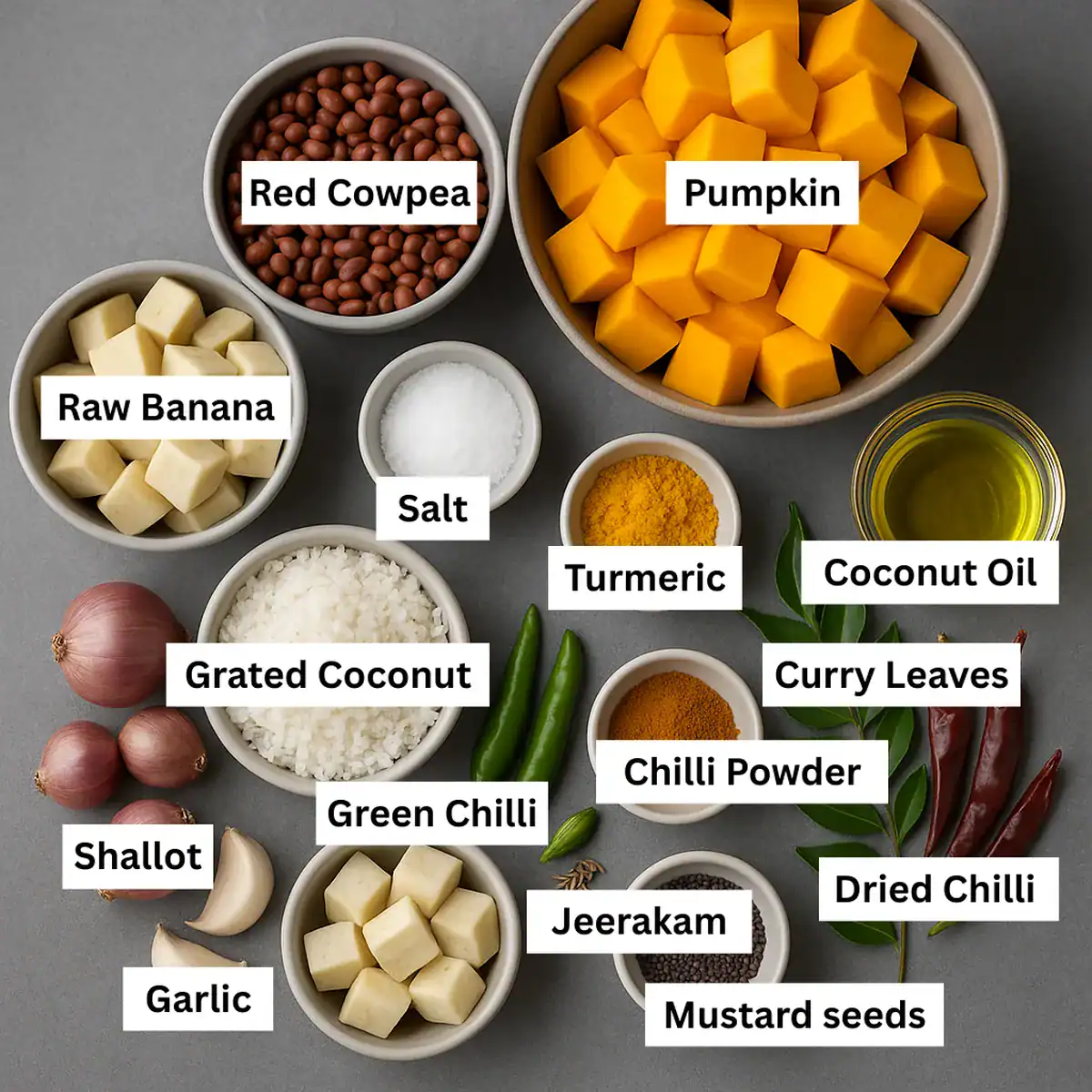 Ingredients for Mathanga Erissery including cubed pumpkin, red cowpeas, raw banana, coconut, and spices on a gray background.