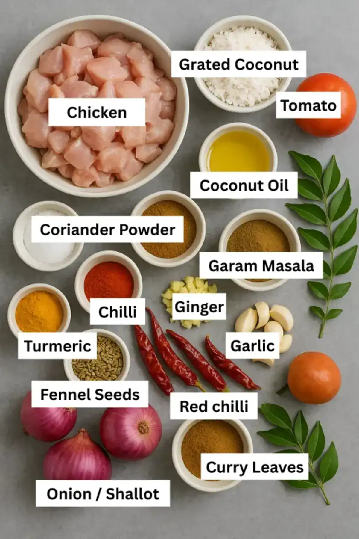 Ingredients for Varutharacha Chicken Curry arranged on a grey surface, including chicken, coconut, spices, onions, tomato, and curry leaves.