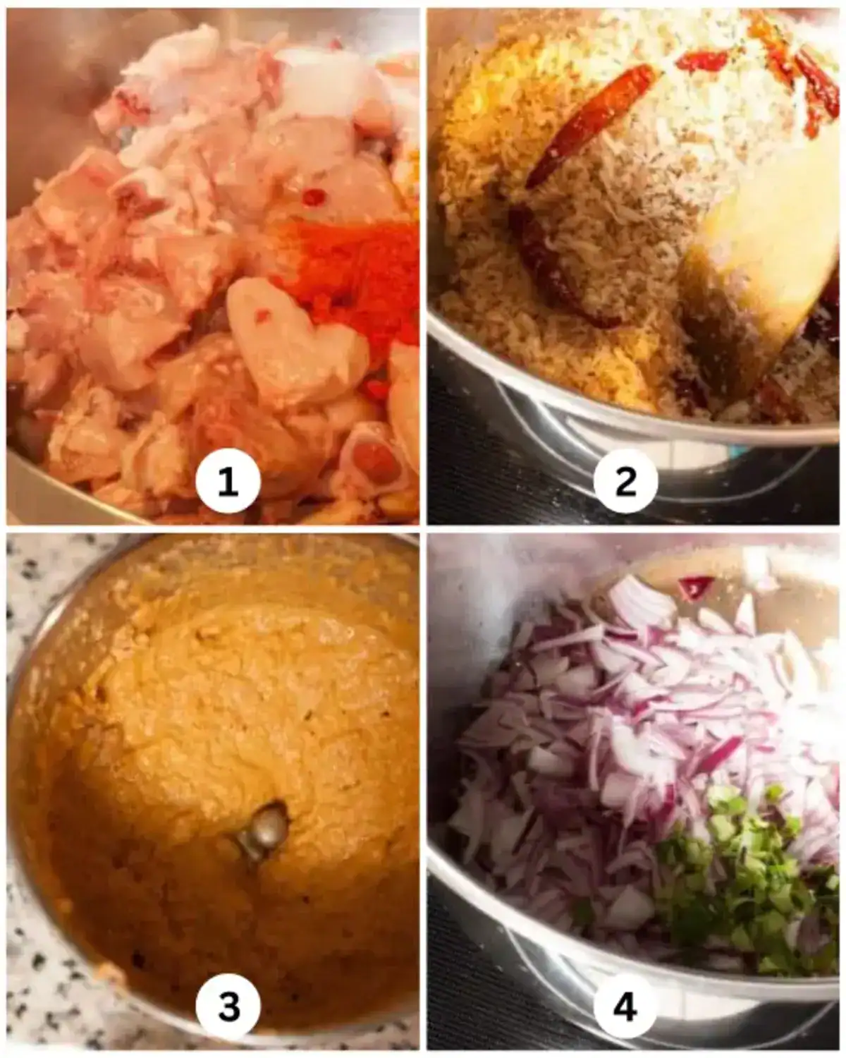 Steps for Varutharacha Chicken Curry showing chicken marination, roasting coconut with red chilli, grinding to paste, and sautéing onions.