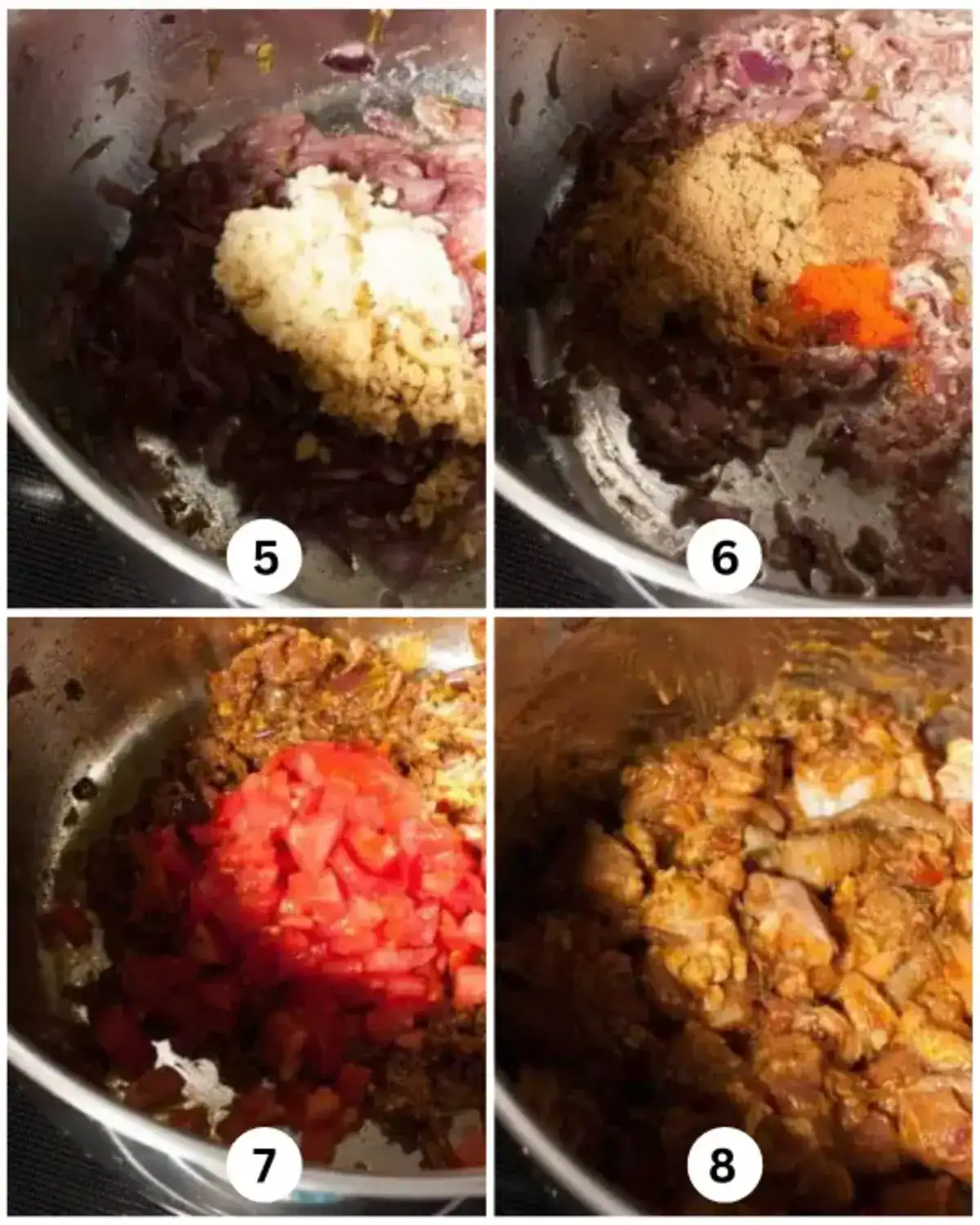 Cooking steps for Varutharacha Chicken Curry showing garlic and ginger added to onions, followed by spices, tomato, and chicken.