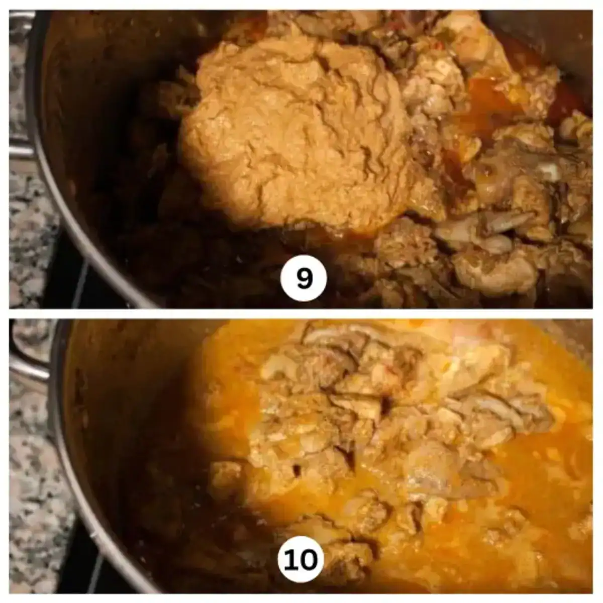 Final cooking steps for Varutharacha Chicken Curry with ground coconut paste added and simmered until gravy thickens.