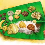 Onam sadya served on banana leaf. Matta rice with avial, sambhar, pachadi, kichadi, olan, kaalan and chips