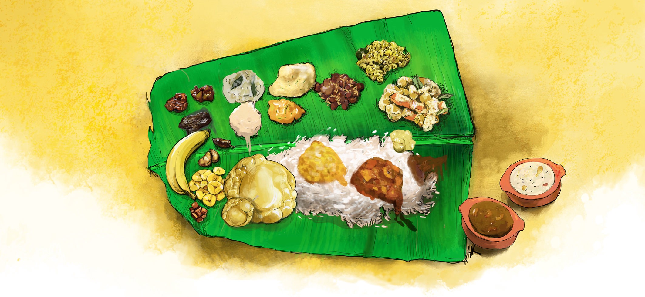 Onam sadya served on banana leaf. Matta rice with avial, sambhar, pachadi, kichadi, olan, kaalan and chips