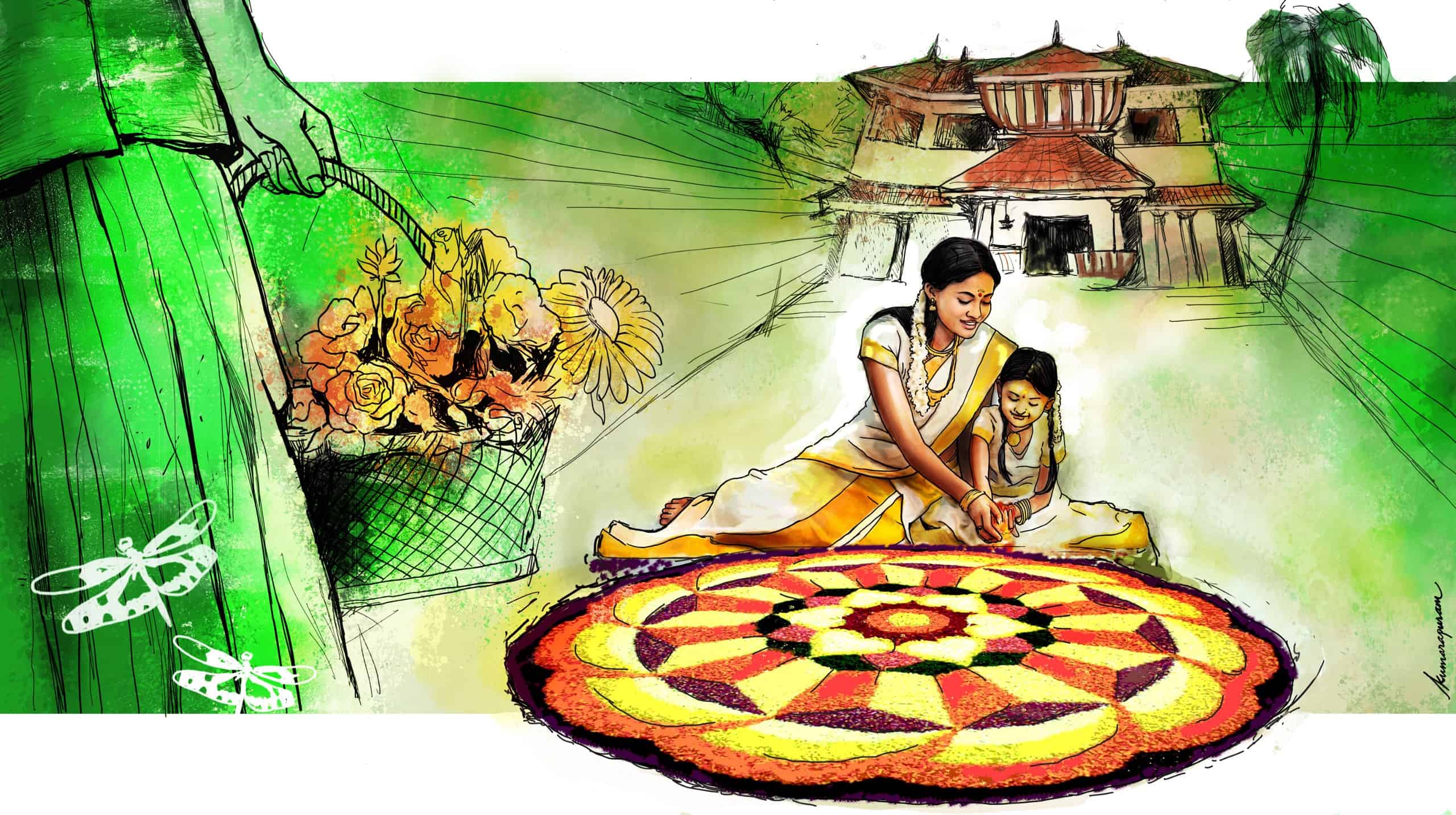 So, once a year, all the Malayalees get dressed to the nines, decorate their house with artistic floral displays (pookkalams) and prepare the feast of a lifetime in honour of the visiting king, so that he can see all his subjects are blooming and prosperous. 