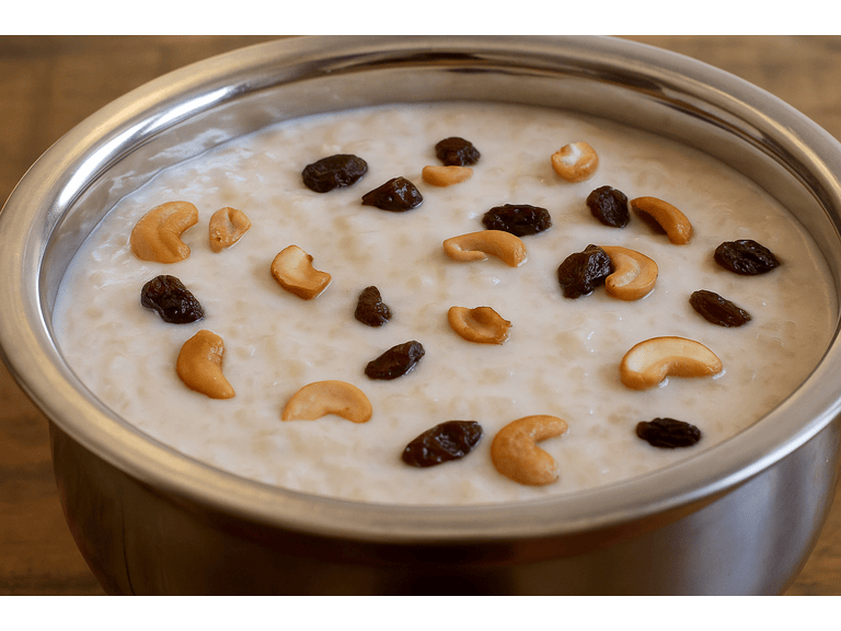 Kerala Palada Payasam topped with fried cashews and raisins in ghee, ready to be served warm or chilled.