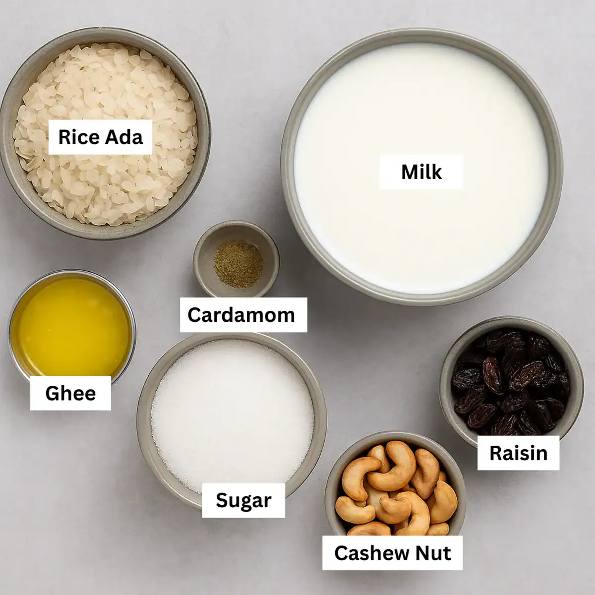 Ingredients for Palada Payasam in bowls on a grey background including rice ada, milk, sugar, ghee, cardamom, cashews, and raisins.