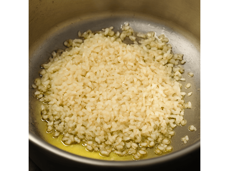 Rice ada being roasted in ghee in a heavy pan, stirred until slightly golden for Kerala Palada Payasam.