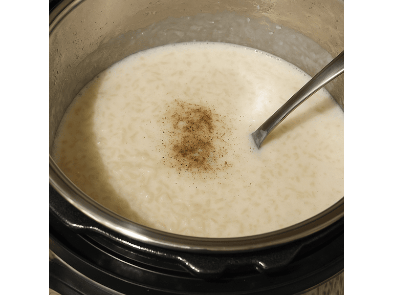 Creamy Palada Payasam simmering in an open Instant Pot with ada pieces and cardamom powder sprinkled on top.
