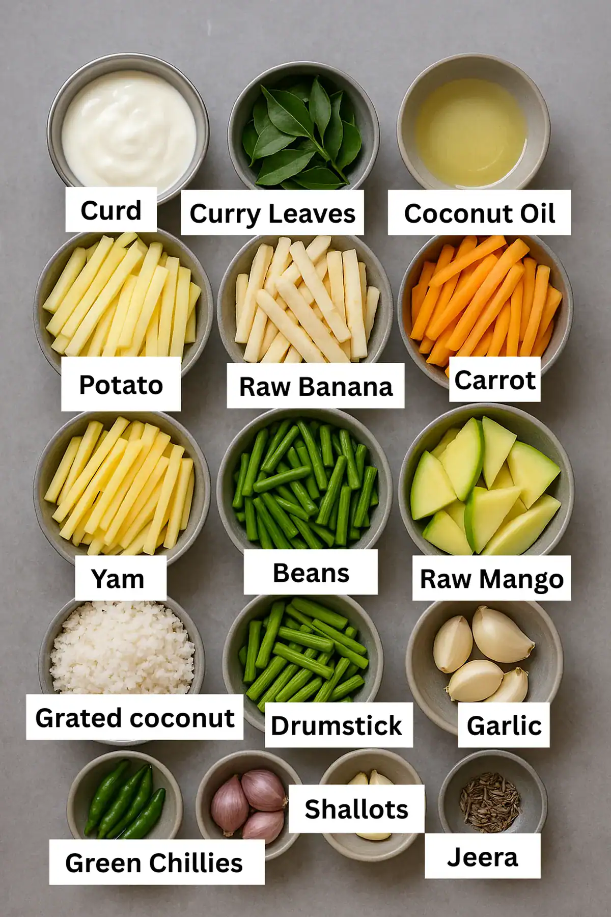 Ingredients for Kerala Avial neatly arranged in bowls on a grey background including vegetables, coconut, curd, and spices.