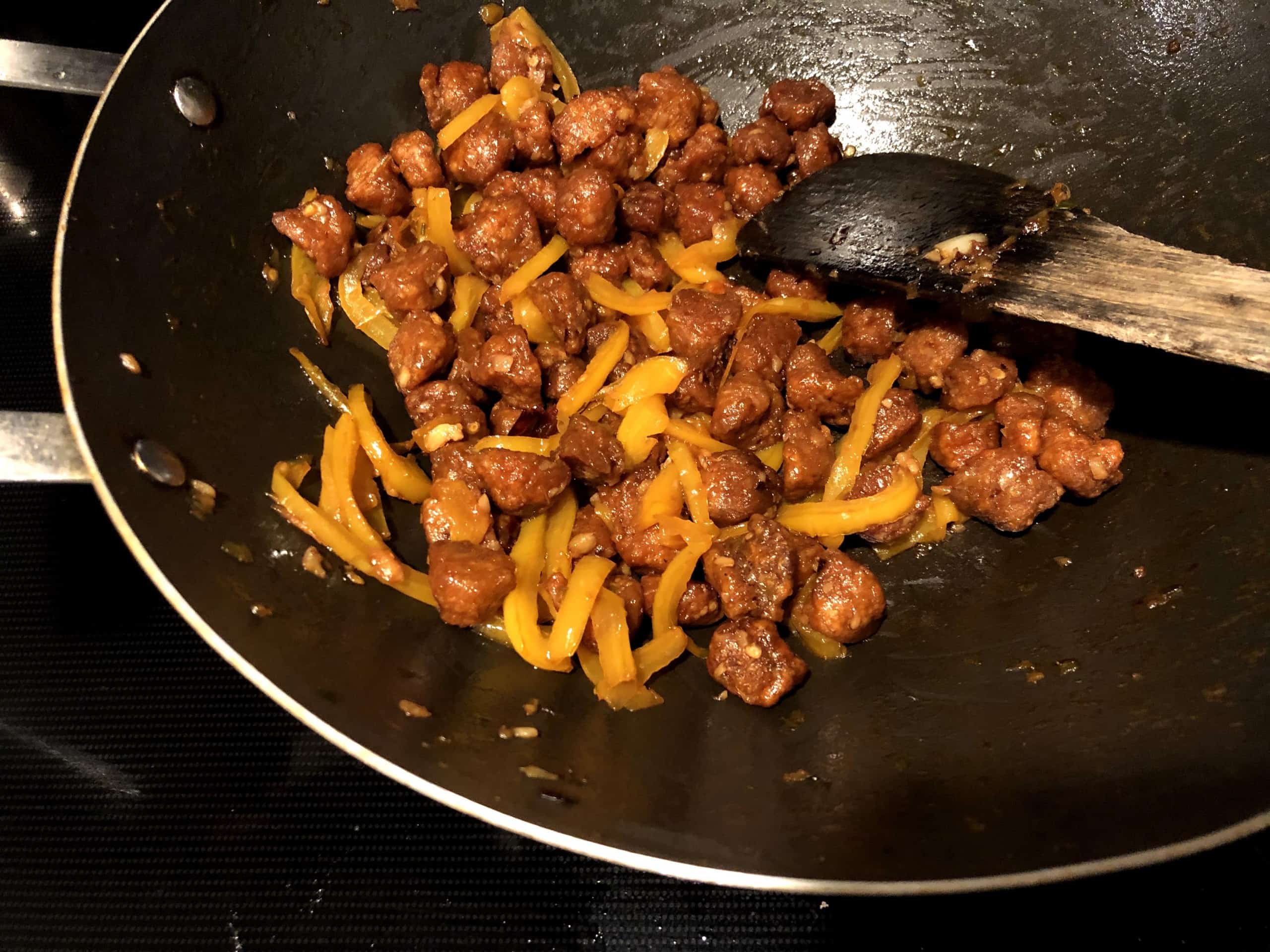 add fried soya chunks pieces and mix it well with sauces