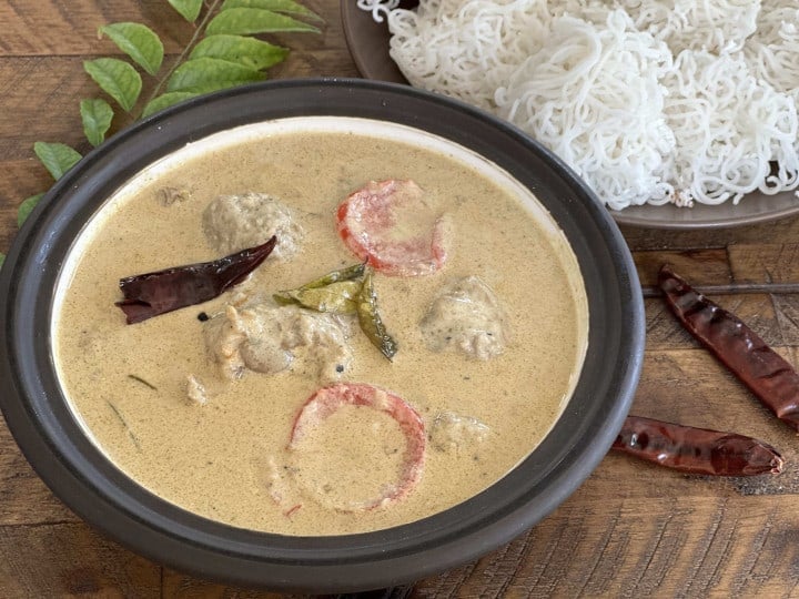 Duck Mappas or Kerala style Duck curry with coconut milk served with Rice String Hoppers ( or Noolappam)