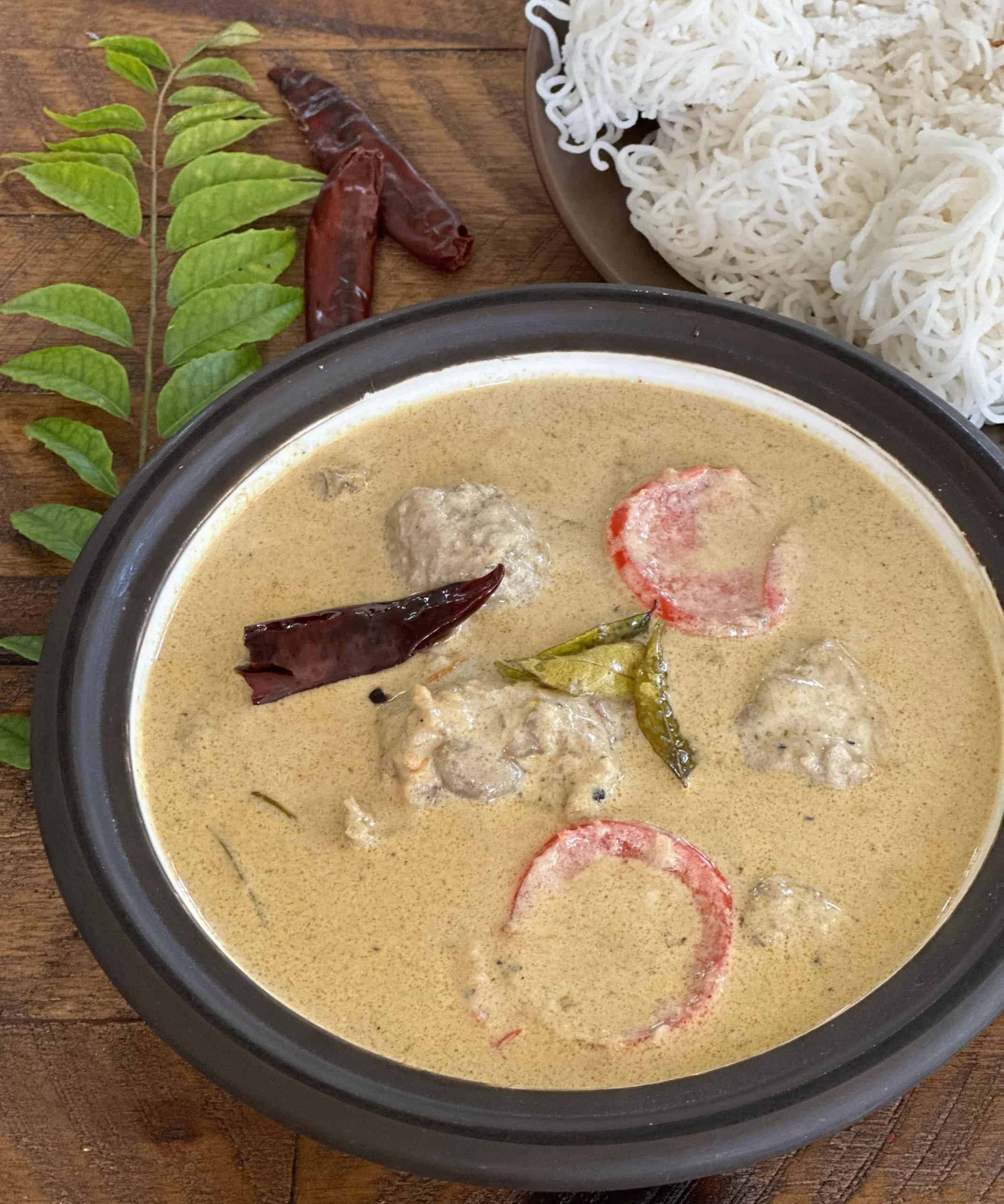 Duck Mappas or Kerala style Duck curry with coconut milk served with Rice String Hoppers ( or Noolappam)