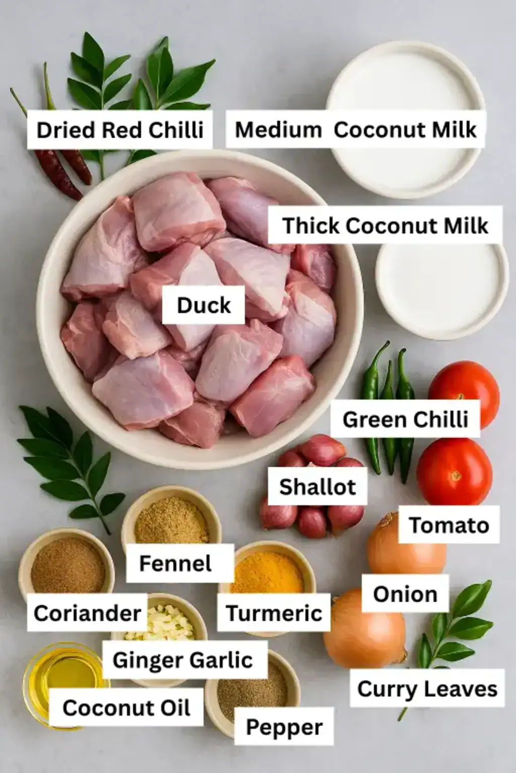 Ingredients for Kerala duck stew arranged on a gray surface with duck pieces, coconut milk, spices, onions, and curry leaves.